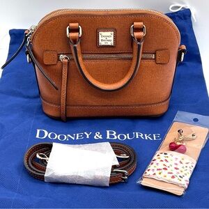 Dooney & Bourke EUC Saffiano Zip Zip Satchel Brown w/ Scarf & Charm